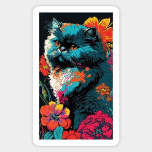 Persian Cat Vibrant Tropical Flower Tall Retro Vintage Digital Pop Art Portrait 4 Sticker